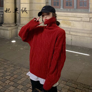 妃奧絨加厚高領(lǐng)毛衣女內(nèi)搭新款秋冬裝麻花慵懶風(fēng)寬松打底針織衫外搭純色 酒紅色 L