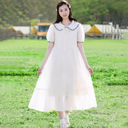 方糖姑娘初中學(xué)生連衣裙少女大童高中女生夏季過膝長裙2025新款遮肚子顯瘦 24202LX米白色連衣裙 S