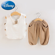 迪士尼男童童裝棉麻背心套裝女寶寶夏裝兩件套嬰幼兒童新款夏季無(wú)袖短褲 棉麻背心卡其 80 80