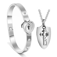 倉古抖音同心鎖情侶手鏈鑰匙鎖互鎖手鐲項鏈七夕情人節禮物飾品88 雙心盾牌銀色【項鏈+手鐲】