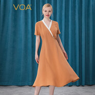 VOA41姆米重磅桑蠶絲撞色V領(lǐng)白鑲邊短袖純色中長款真絲連衣裙 A028 棕黃（E02） XL