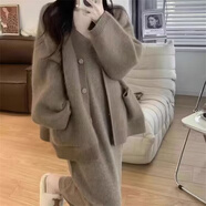 哈夫朵秋冬胖mm大碼女裝洋氣套裝女新款顯瘦減齡毛衣連衣裙針織外套女 Z104咖色開衫+連衣裙 3XL 【140-155斤】