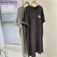 LOVER RUCCI夏季純棉短袖t恤裙女中長款韓版寬松顯瘦過膝長裙簡約時尚連衣裙 棕灰色 M