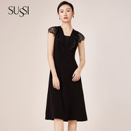 SUSSI/古色22夏季新品黑色復(fù)古X型蕾絲拼接V領(lǐng)短袖荷葉袖連衣裙女 黑色 160/S