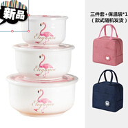 囤柒保鮮碗陶瓷三件套帶蓋保鮮盒家用微波爐密封圓形便當盒卡通泡面碗 火烈鳥(niǎo)三件套+保溫袋