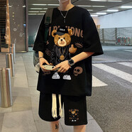 晨瑞杰短袖t恤套裝男士休閑運(yùn)動套裝夏季薄款青少年學(xué)生大碼帥氣兩件套 TZ303黑色（一套） XL