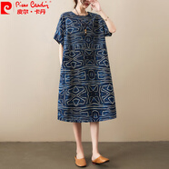 皮爾卡丹（pierre cardin）2024夏季新款棉麻花色格子寬松短袖胖過膝復古連衣裙口袋氣質女針 藏青線條8195# 均碼 建議200斤以內