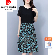 皮爾卡丹（pierre cardin）女裝2022夏天新款闊太太中年年輕女士洋氣假兩件裝雪紡碎花連 0855款 2XL【128-142斤】