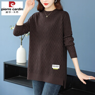 皮爾卡丹（pierre cardin）羊毛衫開叉毛衣女中長款寬松顯瘦針織衫圓領(lǐng)碼大打底衫羊絨上衣 咖色 6XL建議190-210斤