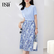 歐莎（OSA）氣質(zhì)優(yōu)雅連衣裙子女夏季2025新款碎花半身裙子套裝兩件套 藍(lán)色B（后腰加橡筋） XS