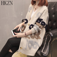 HKZN加肥加大200斤春款女裝毛衣針織開衫外套女春秋新款胖MM寬松外穿 杏色字母開衫 5XL建議185-200斤以