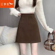紅蜻蜓半身裙女2025春黑色毛呢短裙新款高腰包臀裙裙子顯瘦A字裙半裙 咖啡色 XL 【建議116-135斤】