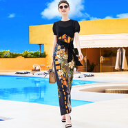 帝弗·潤馳超長(cháng)款到腳踝連衣裙夏裝新款復古印花假兩件大牌奢華過(guò)膝長(cháng)裙氣質(zhì) 黑色短 4XL