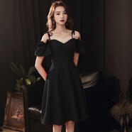 柚宏高端晚禮服女2023新款新娘敬酒服平時(shí)可穿結(jié)婚姐妹團(tuán)吊帶連衣裙春 黑色【短款】 2XL