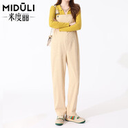 米度麗 孕婦背帶褲孕婦褲子春秋牛仔褲背帶長(zhǎng)褲闊腿褲秋裝外穿時(shí)尚穿搭 杏色背帶褲-單件 L（建議100-140斤左右）