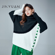 金苑（JINYUAN）高領(lǐng)寬松撞色毛衣女2022冬季新款落肩針織衫保暖上衣H225111 黑色 S