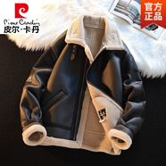 皮爾卡丹（pierre cardin）皮毛一體鹿皮絨外套男加絨加厚機(jī)車服冬季潮牌寬松夾克羊羔絨上衣 黑色 3XL(輕商務(wù))