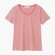 艾路絲婷條紋短袖T恤女2022夏裝新款V領(lǐng)通勤減齡風(fēng)初夏上衣3568 粉紅條 M