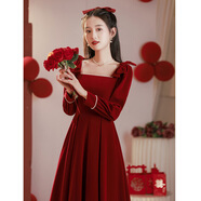 塞德勒敬酒服小個子新娘2025新款訂婚連衣裙紅色禮服裙女冬回門春夏 酒紅色 M (建議96-105斤)