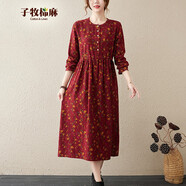 子牧棉麻春裝 圓領(lǐng)百搭印花長(cháng)袖寬松收腰連衣裙8110 紅色 3XL(建議150-170斤)