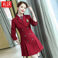 五沃職業(yè)連衣裙學(xué)院風(fēng)百褶裙幼兒園教師工作服西裝裙高級感美容師套裝 酒紅連衣裙+白襯衫 L