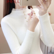 針織衫絨毛蕾絲拼接花邊半高領毛衣冬款女裝新款小香風外套純色打底衫女士秋裝上衣內搭時尚慵懶風學生韓版 白色 S
