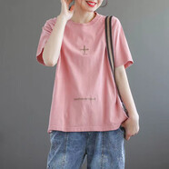 玖卡依短袖t恤女2025夏季新款女裝純棉刺繡圓領(lǐng)體恤寬松文藝半袖上衣女 紅色加號 2XL 建議130-145斤