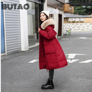 BUTAO女裝羽絨服女中長(zhǎng)款冬季新款大毛領(lǐng)派克服過(guò)膝加厚保暖小個(gè)子外套 紅色 L（建議141-160斤左右）