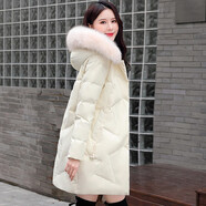 俏婷朵羽絨服女2024中長款女士外套冬季大毛領(lǐng)白鴨絨時尚女式冬裝派克服 20098米色（白色狐貍毛） M（105斤115斤）