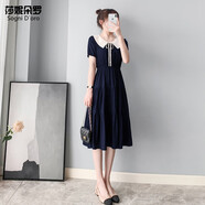 莎妮朵羅大碼女裝夏裝新品胖女人遮肚子顯瘦娃娃領(lǐng)松緊腰短袖連衣裙18101 藏青色 3XL 建議140-160斤穿著