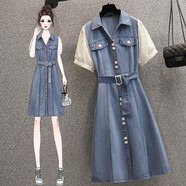 品匯菲大碼女裝牛仔裙子胖妹妹夏季顯瘦微胖mm遮肚子收腰假兩件連衣裙潮 藍色8781 常規 L 大建議100-115斤