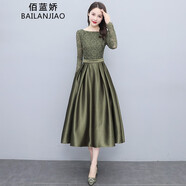佰藍嬌 2022秋裝新款秋季女裝時(shí)尚洋氣潮流氣質(zhì)名媛遮肚子顯瘦小個(gè)子長(cháng)袖蕾絲連衣裙女春秋新品a字裙子 橄欖綠 L