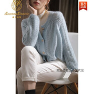 鹿王戀雪高端  藍色馬海毛圓領(lǐng)毛衣外套女秋冬季時尚溫柔軟糯慵懶感鏤空針織開衫羊毛絨衫 淺藍色【高品質(zhì)】【毛衣/今年流行/漂亮/上衣/秋/ L 110-120斤