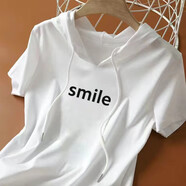 玖卡依純棉連帽短袖t恤女2025夏季新款寬松韓版體恤衫休閑短袖上衣女裝 白色-Smile XL 建議110-125斤