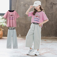 藍貝妮童裝女童套裝夏季兒童衣服洋氣服裝闊腿褲短袖中大童女裝女孩夏裝 淺紫袋鼠 150 碼建議身高140CM