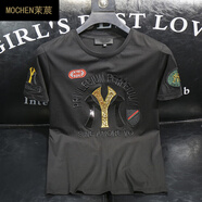 茉莀（MOCHEN）歐洲站短袖t恤男夏季圓領(lǐng)修身絲光棉半袖t男裝帥氣字母刺繡體恤衫 黑色 M