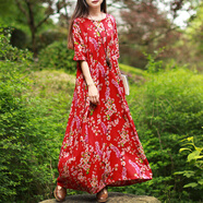 亂在江南民族風(fēng)印花寬松連衣裙夏季新品高腰碎褶顯瘦出游度假飄逸長(cháng)裙 紅色 均碼