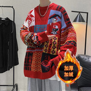 魯賓克毛衣男冬季加絨加厚針織衫寬松套頭毛線(xiàn)衣學(xué)生情侶裝新年圣誕毛衣 YM19紅色加絨 2XL