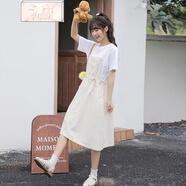 與欣夏季短袖女生小清新背帶裙子套裝少女夏天衣服2022年新款初中高中學生學院風松緊腰韓版連衣裙 白T+杏裙兩 均碼【可備注碼數(shù)】