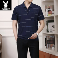 花花公子夏季冰絲運動(dòng)套裝爸爸裝男士中老年短袖T恤翻領(lǐng)長(cháng)褲父親大碼寬松 TTH22255寶藍 L(建議120斤以下)