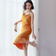 BMOI女人味蕩領(lǐng)吊帶連衣裙夏薄款醋酸仿真絲綢緞包臀裙收腰顯瘦2025新 黃色 S