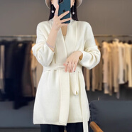 皮爾卡丹（pierre cardin）秋冬新款高端氣質(zhì)女士開衫中長款系帶毛衣外套寬松羊毛針織衫 米白 L (適合105-115斤)