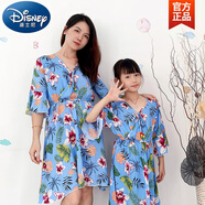 迪士尼（Disney）三亞旅游沙灘親子裝夏裝波西米亞母女連衣裙長(zhǎng)裙一家三口四口套裝 天藍(lán)底花朵中裙款 195 媽媽4XL碼