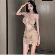 奈久留美歐美風掛脖鏤空抽繩褶皺包臀短裙春秋吊帶露背氣質百搭連衣裙名媛 圖片色 M_建議95-105斤