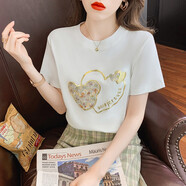 羅蒙（ROMON）T恤女25夏季新款女裝新品女士t恤短袖上衣愛心印花圓領(lǐng)亮片上衣女 白色 M
