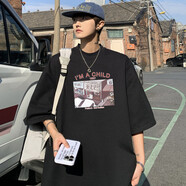 TYHKT恤男短袖韓版潮流上衣服潮牌寬松原宿港風(fēng)t恤百搭大碼五分袖 黑色881款 L（適合120-130斤）