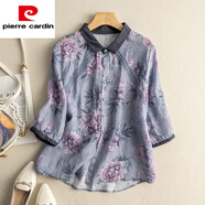 皮爾卡丹（pierre cardin）女復古蕾絲碎花苧麻薄上衣寬松棉麻亞麻短袖襯衫女裝 紫色(少量現貨) M 【建議90-110斤】