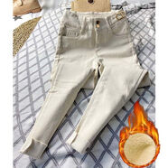 Radinka2024秋冬新款單褲/加絨 九分牛仔褲女高腰緊身小腳鉛筆褲GKQ 米白色抓絨  薄絨 S