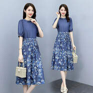 穆夏百合連衣裙2025夏季新款女裝時(shí)尚氣質(zhì)韓版顯瘦士碎花牛仔短袖a字裙子 小花 XL