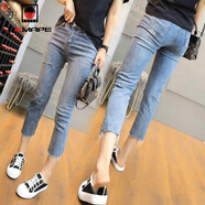 AEMAPE褲子2025春夏季新款七分褲秋季薄款韓版顯瘦緊身小腳牛仔褲女裝 915淺藍色九分褲【高彈】 XL 【125-140斤】